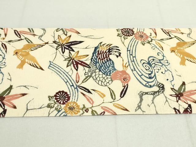 平和屋着物●九寸名古屋帯 型染め 流水鴛鴦草花文 鬼しぼ縮緬 正絹 逸品 DAAU6875ob