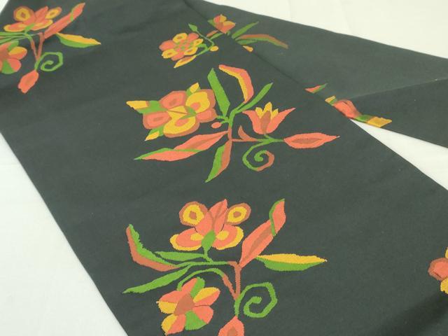 平和屋着物●九寸名古屋帯 更紗花文 黒地 正絹 逸品 DAAU6882ob