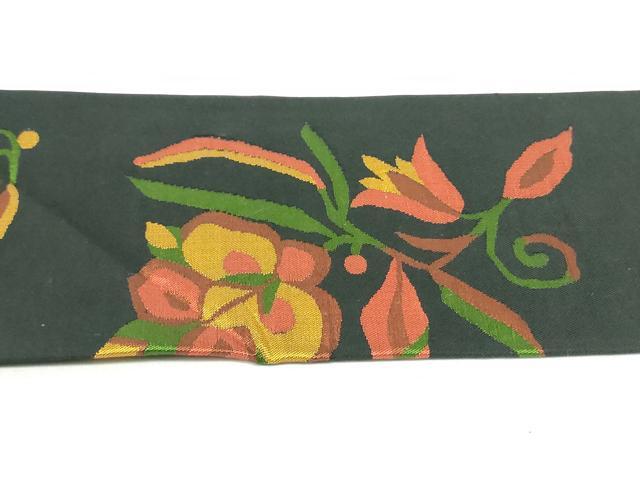 平和屋着物●九寸名古屋帯 更紗花文 黒地 正絹 逸品 DAAU6882ob