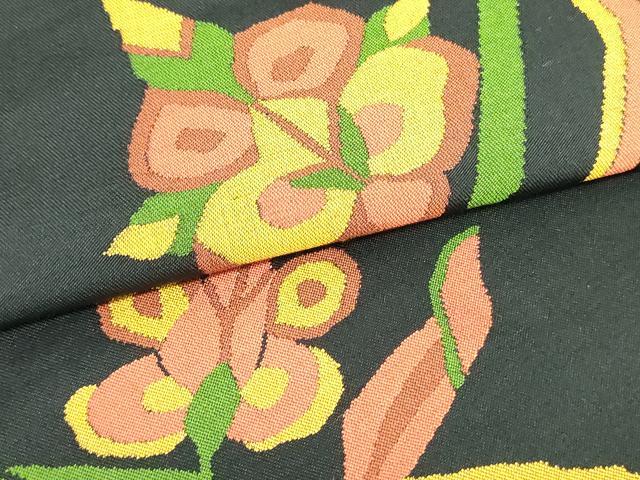 平和屋着物●九寸名古屋帯 更紗花文 黒地 正絹 逸品 DAAU6882ob