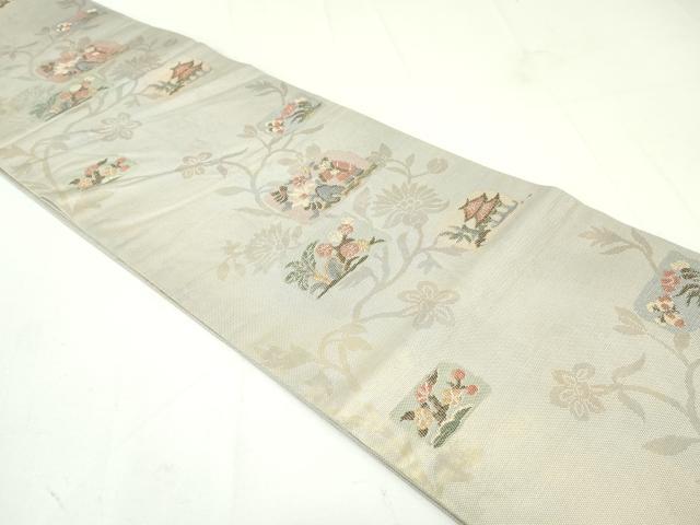 平和屋着物●六通柄袋帯 夢市楽 色紙人物草花文 金糸 正絹 逸品 DAAU6901ob