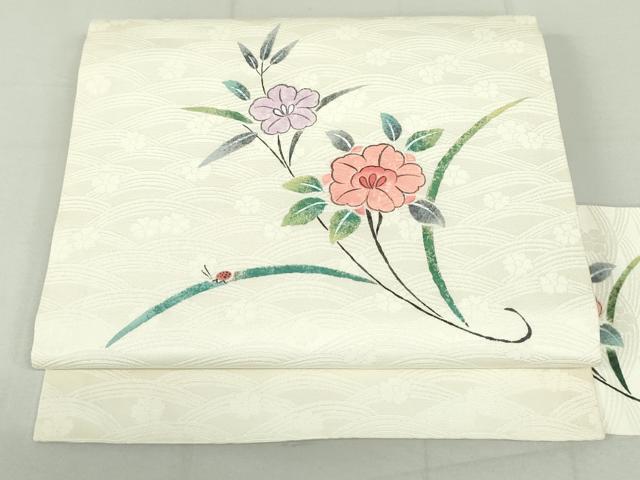 平和屋着物●九寸名古屋帯 作家物 手描き 草花文 てんとう虫 生成り色 正絹 逸品 DAAU6919ob
