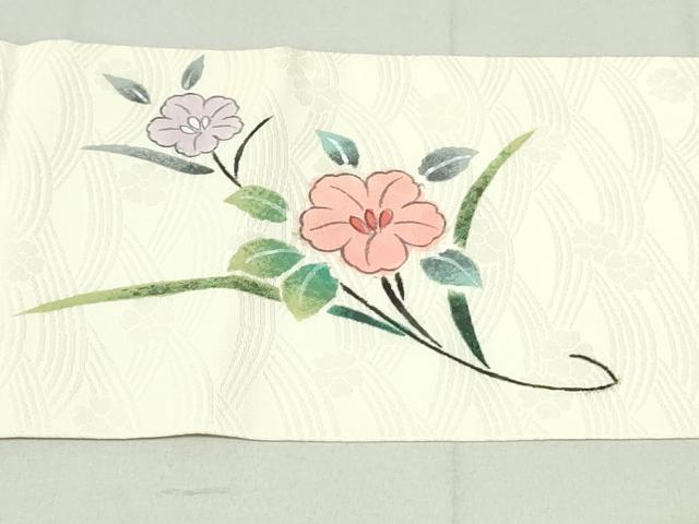 平和屋着物●九寸名古屋帯 作家物 手描き 草花文 てんとう虫 生成り色 正絹 逸品 DAAU6919ob