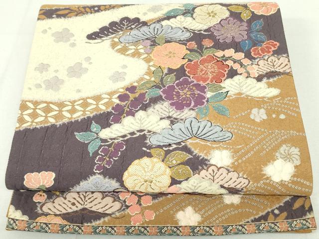 平和屋着物●六通柄袋帯 唐織 絞り 流水花咲 金糸 正絹 逸品 DAAU6948ob