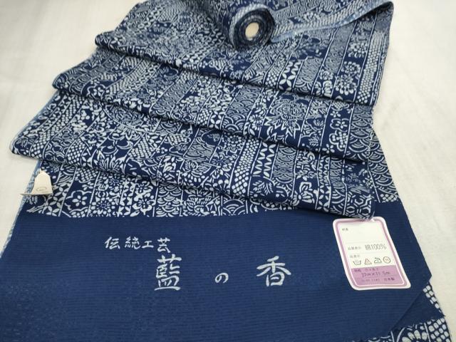平和屋着物∴夏物 浴衣・小紋兼用 反物 着尺 綿絽 伝統工芸 藍の香 吉祥花間道 綿 逸品 未使用 DAAU7862zzz