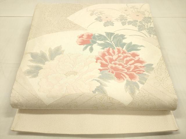平和屋着物*夏物 太鼓柄袋帯 地紙草花文 金糸 正絹 逸品 DAAU8097cm