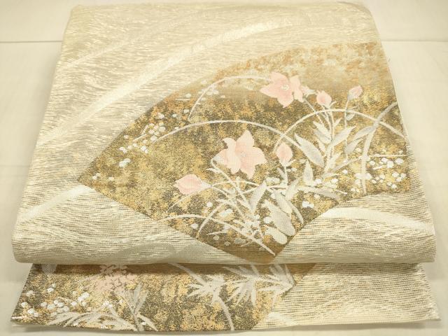 平和屋着物*夏物 六通柄袋帯 扇に夏花 金銀糸 正絹 逸品 DAAU8139cm