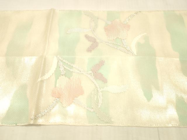 平和屋着物*夏物 太鼓柄袋帯 唐織 草花文 銀糸 正絹 逸品 DAAU8435cm