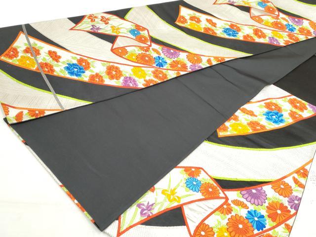 平和屋着物◎六通柄袋帯 唐織 束ね熨斗花文 黒地 銀糸 正絹 逸品 DAAV0698qa
