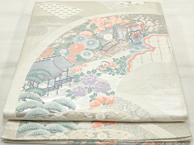 平和屋着物◎六通柄袋帯 唐織 地紙御所車花文 銀糸 正絹 逸品 DAAV0706qa