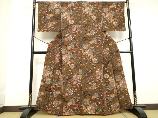 平和屋着物●上質な小紋 型染め 雪輪花鳥松文 鬼しぼ縮緬 正絹 逸品 DAAV1072tw