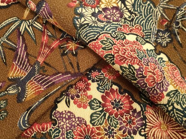平和屋着物●上質な小紋 型染め 雪輪花鳥松文 鬼しぼ縮緬 正絹 逸品 DAAV1072tw