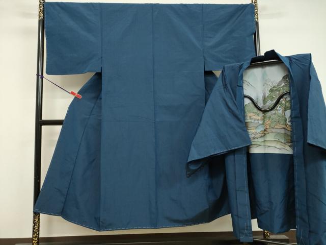 平和屋着物●男性 紬 アンサンブル 青藍色 正絹 逸品 未使用 DAAV1254tw