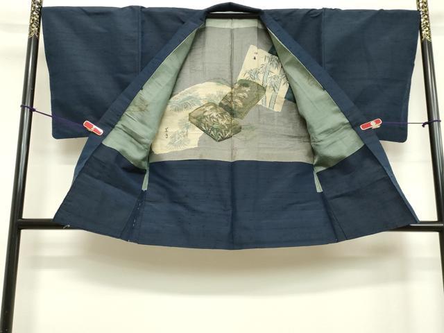 平和屋着物●男性 紬 アンサンブル 青藍色 正絹 逸品 DAAV1311tw