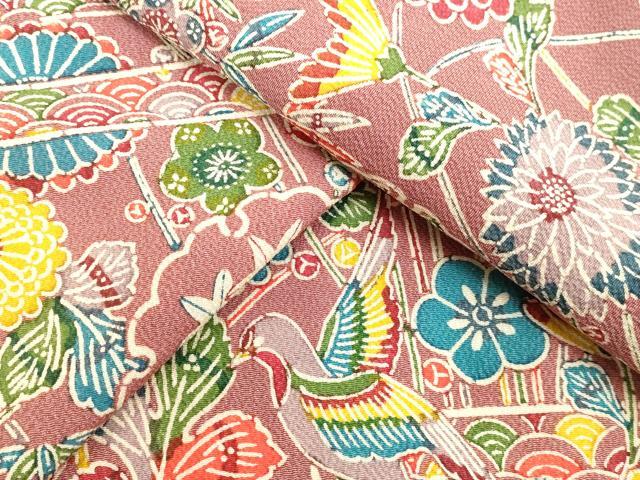 平和屋着物●上質な小紋 型染め 雪輪花鳥文 鬼しぼ縮緬 正絹 逸品 未使用 DAAV1333tw