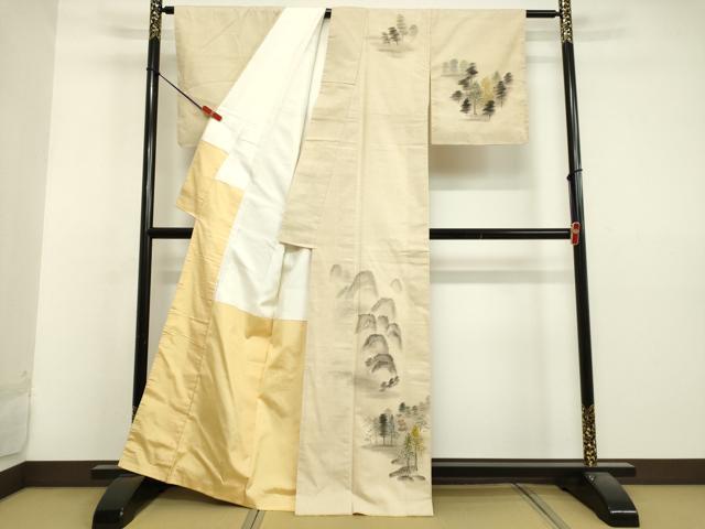 平和屋着物●訪問着 紬地 手描き 樹林風景文 正絹 逸品 未使用 DAAV1403tw