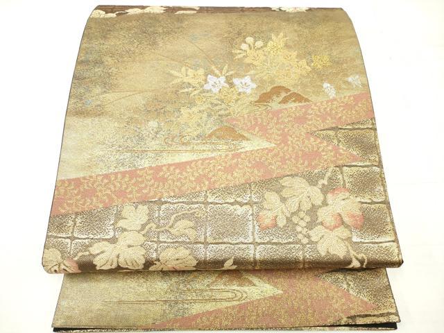 平和屋着物◎六通柄袋帯 葡萄蔦の葉文 黒地 金銀糸 正絹 逸品 DAAV2328xg