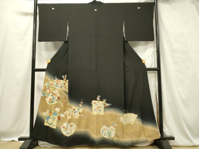 平和屋着物■豪華黒留袖 駒刺繍 地紙花文 暈し染め 金彩 正絹 逸品 DAAV2778qp