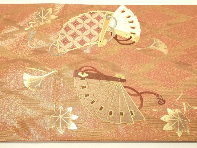 平和屋着物◎太鼓柄袋帯 駒刺繍 檜扇花文 金彩 正絹 逸品 DAAV2868qp