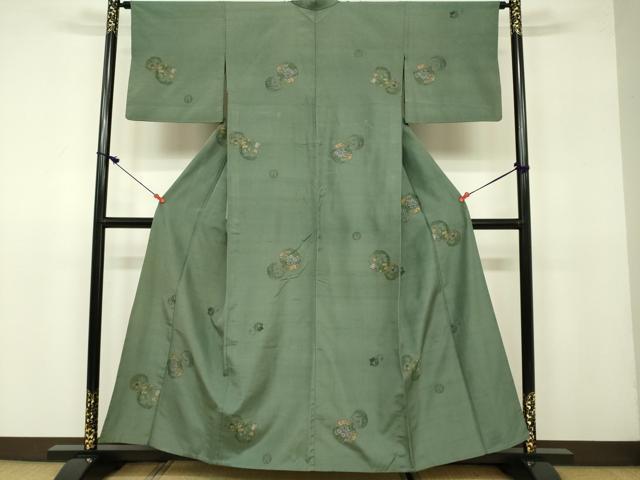 平和屋着物▽京の名門・菱屋六右ェ門 紬 単衣 草花丸文 正絹 逸品 DAAV3006du