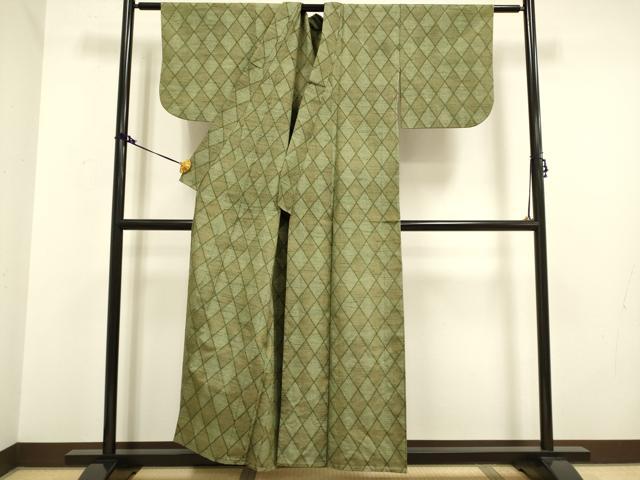 平和屋着物▽上質な紬 単衣 菱文 正絹 逸品 DAAV3140du