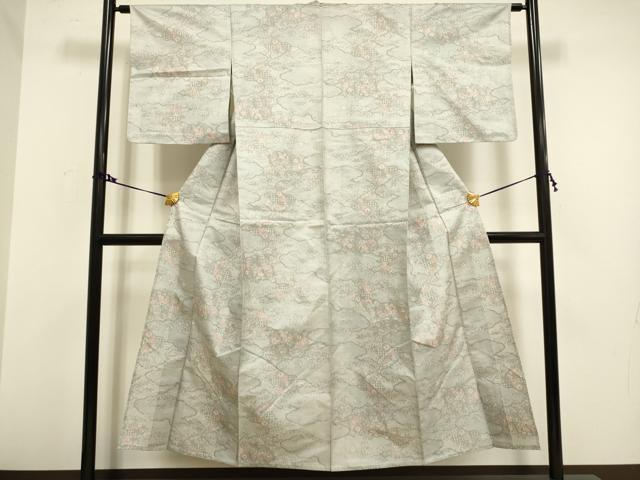 平和屋着物▽上質な紬 単衣 雲取花文 正絹 逸品 DAAV3150du
