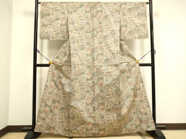 平和屋着物▽上質な紬 単衣 色紙重ね吉祥花文 正絹 逸品 DAAV3165du