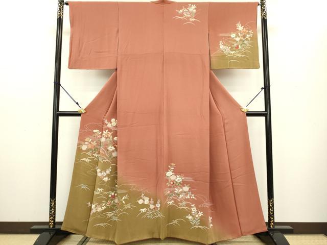 平和屋着物●創業460年・千總 訪問着 駒刺繍 草花文 枝椿 橘 暈し染め 金彩 鬼しぼ縮緬 西武百貨店扱い 正絹 逸品 DAAV3294du
