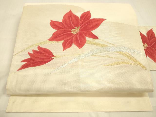 平和屋着物*夏物 八寸名古屋帯 草花文 金銀糸 正絹 逸品 DAAV3525cm