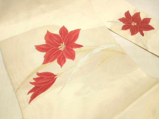 平和屋着物*夏物 八寸名古屋帯 草花文 金銀糸 正絹 逸品 DAAV3525cm