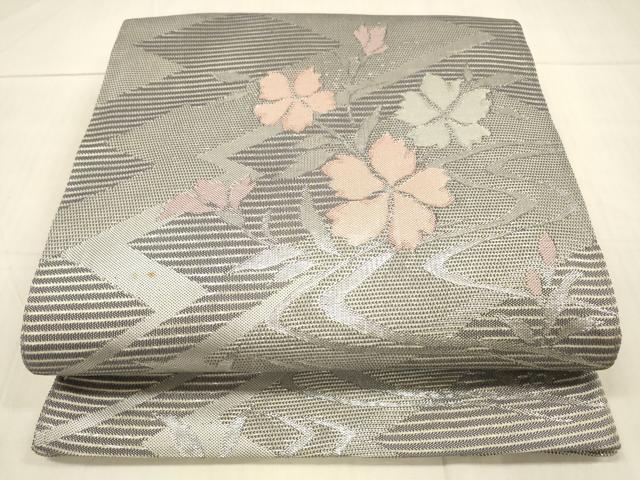 平和屋着物*夏物 六通柄袋帯 流水草花文 銀糸 正絹 逸品 DAAV3715cm