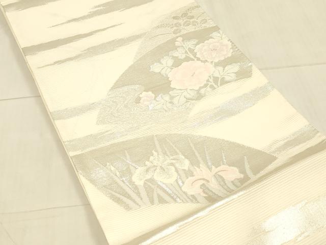 平和屋着物*夏物 六通柄袋帯 地紙草花文 銀糸 正絹 逸品 DAAV3909cm