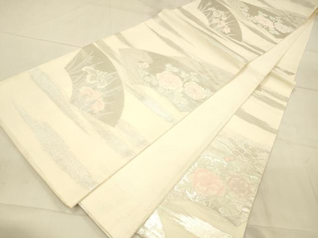 平和屋着物*夏物 六通柄袋帯 地紙草花文 銀糸 正絹 逸品 DAAV3909cm