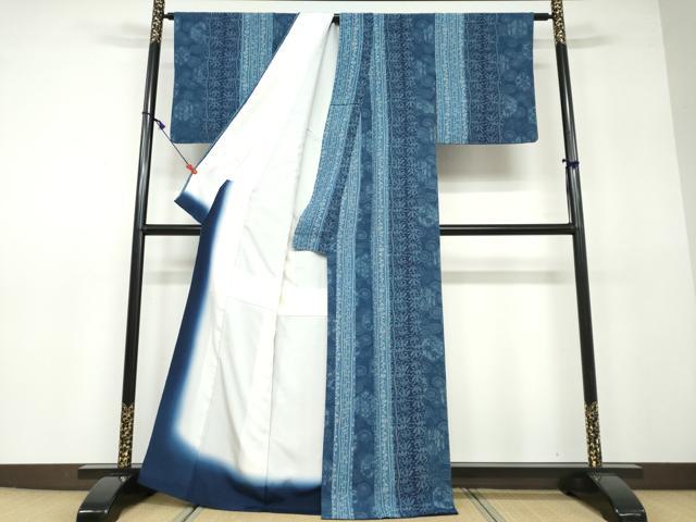 平和屋着物●阿波藍染 阿波友禅 徳島県無形文化財保持者 香川卓美 小紋 草花間道 正絹 逸品 DAAV4852ud