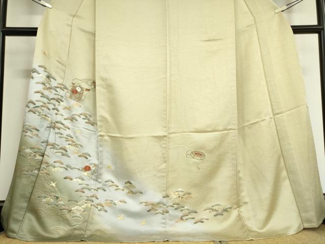 平和屋着物▽訪問着 単衣 刺繍 飛鶴貝桶花松文 暈し染め 金彩 正絹 逸品 DAAV5050az