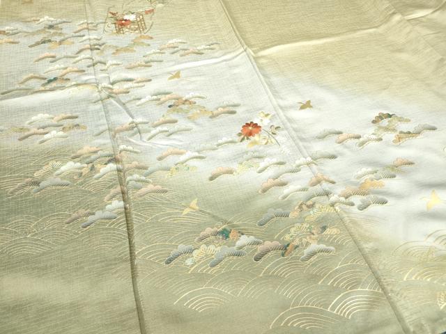 平和屋着物▽訪問着 単衣 刺繍 飛鶴貝桶花松文 暈し染め 金彩 正絹 逸品 DAAV5050az