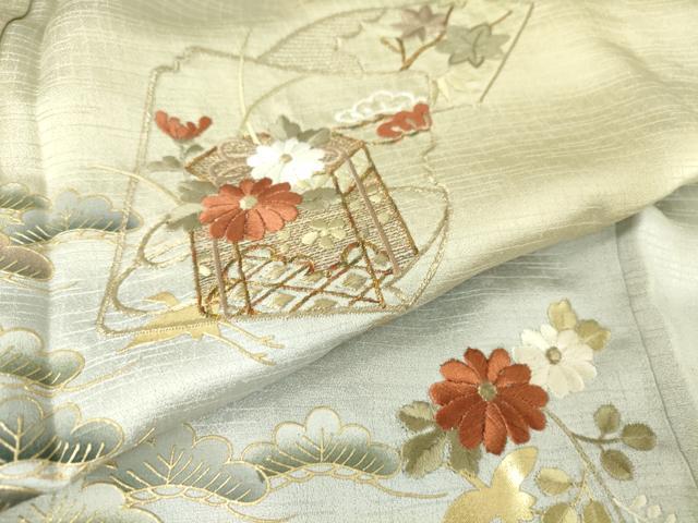 平和屋着物▽訪問着 単衣 刺繍 飛鶴貝桶花松文 暈し染め 金彩 正絹 逸品 DAAV5050az