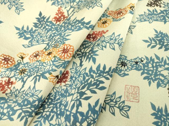平和屋着物▽上質な小紋 単衣 作家物 藍 型染 草花文 正絹 逸品 DAAV5080az