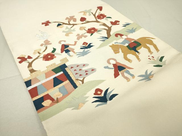 平和屋着物●爪掻き本綴れ 八寸名古屋帯 人物動物花文 金糸 正絹 逸品 DAAV5138az