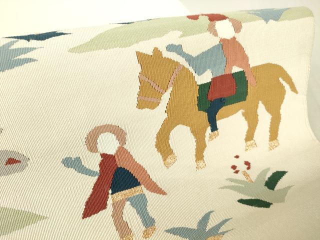 平和屋着物●爪掻き本綴れ 八寸名古屋帯 人物動物花文 金糸 正絹 逸品 DAAV5138az