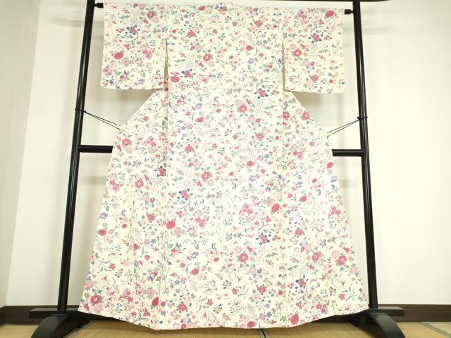 平和屋着物▽上質な小紋 単衣 花鳥文 型染 鬼しぼ縮緬 正絹 逸品 DAAV5221az