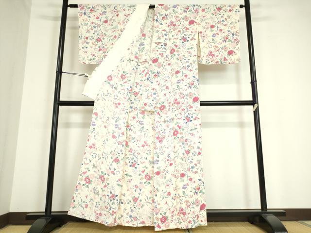 平和屋着物▽上質な小紋 単衣 花鳥文 型染 鬼しぼ縮緬 正絹 逸品 DAAV5221az