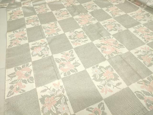 平和屋着物▽本塩沢 単衣 市松花文 正絹 逸品 DAAV5341az