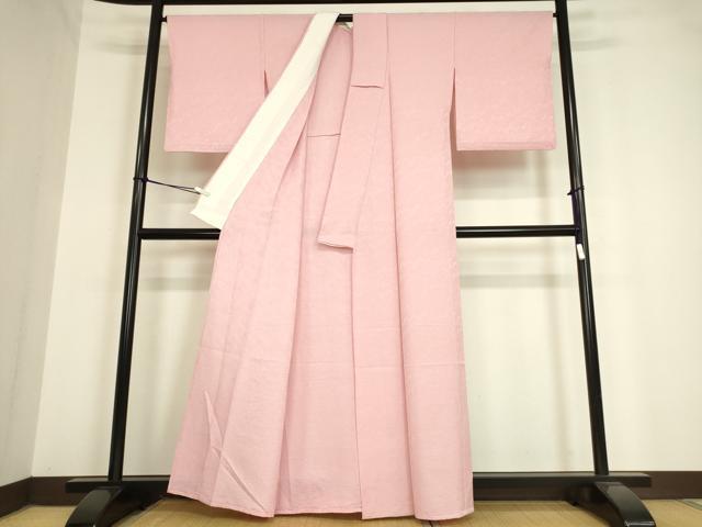 平和屋着物▽上質な色無地 単衣 横段地紋 鴇色 正絹 逸品 DAAV5374az