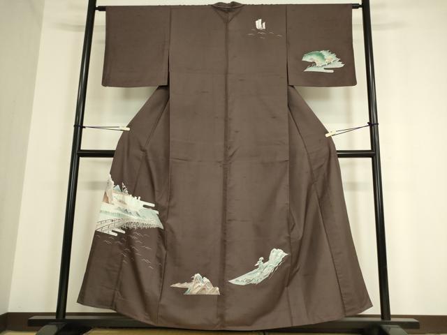 平和屋着物▽訪問着 単衣 紬地 友禅 渡橋風景文 正絹 逸品 未使用 DAAV5439az