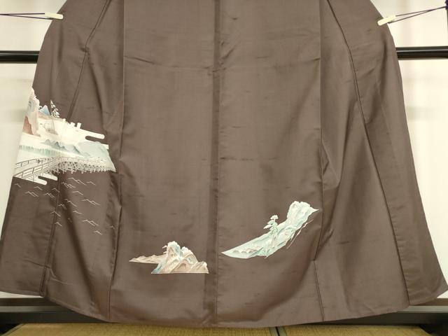平和屋着物▽訪問着 単衣 紬地 友禅 渡橋風景文 正絹 逸品 未使用 DAAV5439az