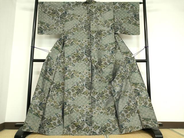 平和屋着物▽上質な紬 単衣 花切嵌め文様 正絹 逸品 DAAV5640az