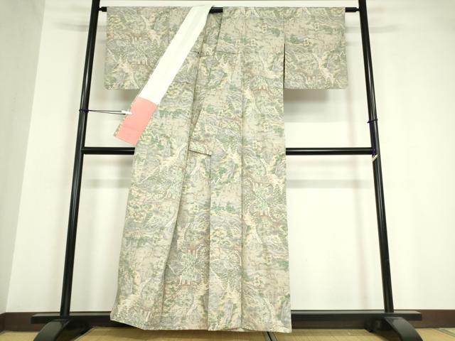 平和屋着物▽小千谷紬 単衣 風景樹林文 100亀甲 正絹 逸品 DAAV5661az