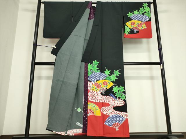平和屋着物▽訪問着 単衣 扇面花文 黒地 洗える着物 DAAV5691az