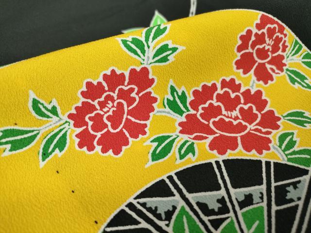 平和屋着物▽訪問着 単衣 扇面花文 黒地 洗える着物 DAAV5691az